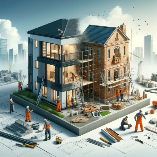 DALL·E 2024-05-16 14.39.55 - A realistic image showcasing construction and renovation services. The image features a construction site with workers in safety gear building a new m
