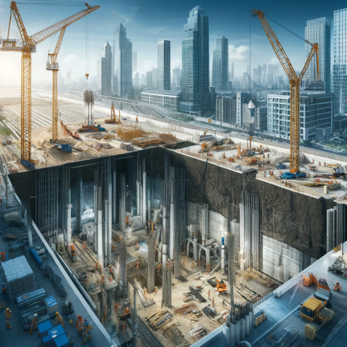 DALL·E 2024-05-16 14.40.22 - A realistic image showcasing high-rise and underground construction services. The image features a bustling construction site with workers in safety g